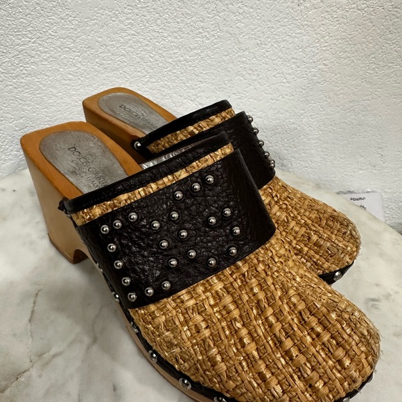 Dolce & Gabbana, VINTAGE , Rafia w/ Leather, Logo & Wood Platform Clogs, Sz  36 - Picture 3 of 13